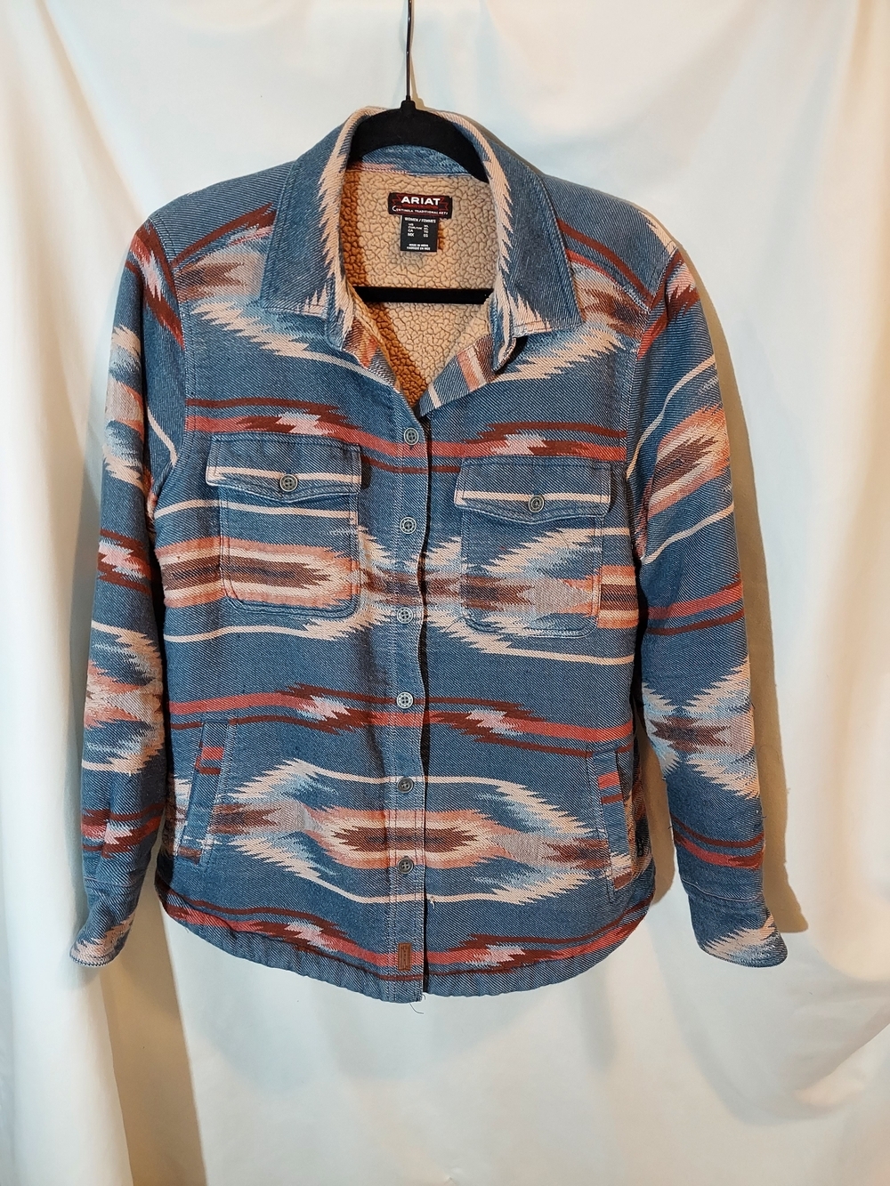 Ariat Women's Jacobo Chimayo Sherpa Lined Shirt Jacket Shacket XL Blue Aztec